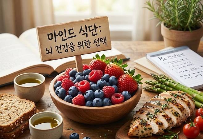 지중해식 식단과 고혈압 예방 식단을 결합한 ‘MIND(마인드) 식단’을 꾸준히 준수한 사람일수록 뇌 조직 손실과 뇌 위축 속도가 현저히 느려져.[AI생성]