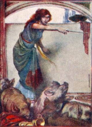 오디세우스의 부하들을 돼지로 변신시키는 키르케, W 히스 로빈슨, 1910. 위키미디어 커먼스