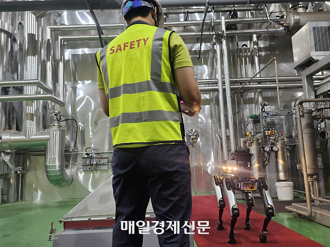 지난달 30일 부산 강서구 LS일렉트릭 부산사업장에서 ‘스팟’이 빛을 비추며 설비를 점검하자 직원이 살펴보고 있다. [부산=김진룡기자]