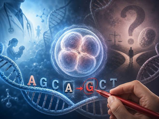 디옥시리보핵산(DNA)에서 특정 염기 아데닌(A)을 구아닌(G)으로 정밀하게 바꾸는 염기교정 기술./챗GPT