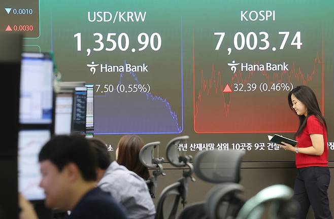 지난 2일 서울 중구 하나은행 딜링룸에서 직원들이 업무를 보고 있다. 연합뉴스