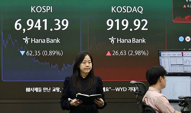 6일 서울 중구 하나은행 본점 딜링룸 현황판에 코스피 등이 표시되고 있다. 연합뉴스