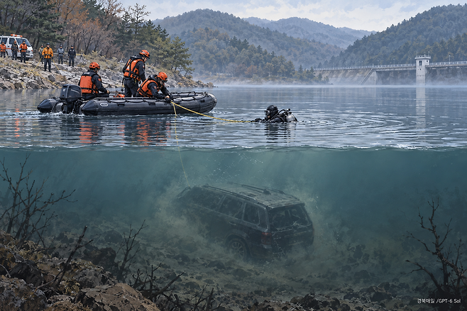저수지에 추락한 SUV와 탑승자를 수색하는 구조대의 모습을 표현한 삽화. /GPT-6 Sol