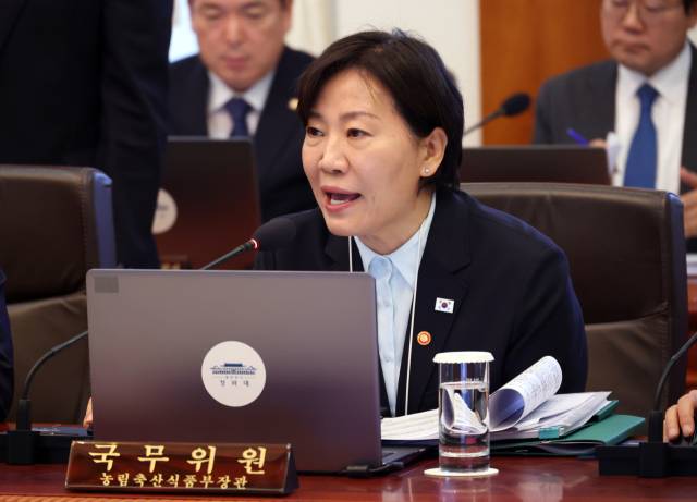 송미령 농림축산식품부 장관이 6일 청와대에서 이재명 대통령 주재로 열린 국무회의에서 발언하고 있다. 연합뉴스