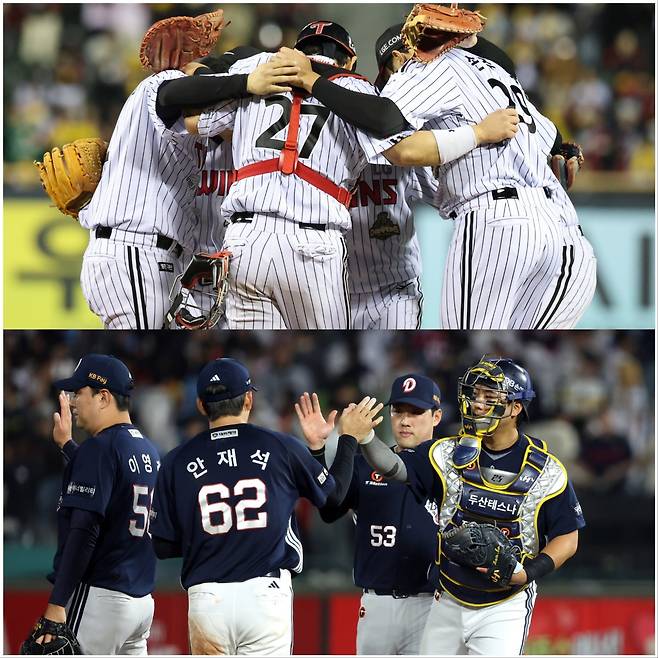 LG(위)와 두산은 14, 15일 잠실서 WC 1, 2차전을 치른다. 준PO행과 라이벌전 자존심을 지키기 위해 그 어느 때보다 치열하다. 사진제공｜LG 트윈스·두산 베어스