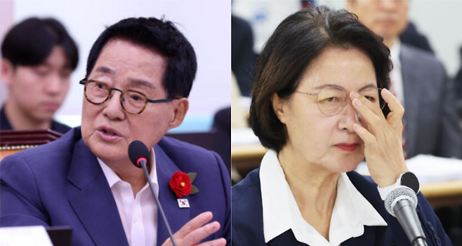 박지원(왼쪽) 더불어민주당 의원과 추미애 경기도지사. 뉴시스 연합뉴스