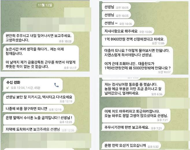 보이스피싱 일당이 금융감독원 직원 등을 사칭하며 70대 윤모 씨에게 송금을 지시한 텔레그램 대화 내용. 피해자 윤 씨 측 제공.