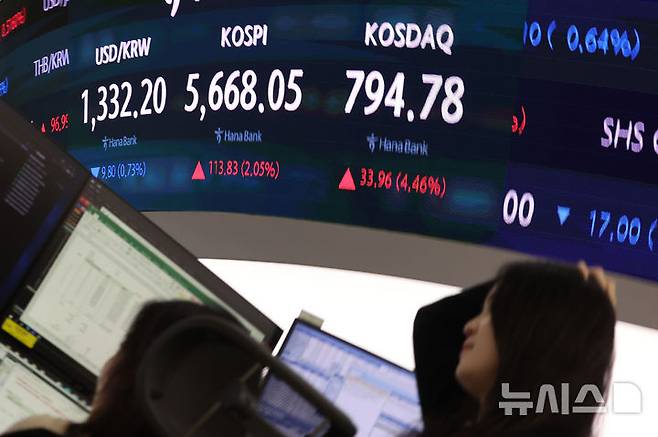 [서울=뉴시스] 권창회 기자 = 16일 오후 서울 중구 하나은행 딜링룸에서 딜러들이 업무를 보고 있다. 코스피가 전 거래일 대비 113.83포인트(2.05%) 오른 5668.05에 마감했다. 원달러 환율은 1331.4원으로, 코스닥 지수는 33.96포인트(4.46%) 오른 794.78에 거래를 마쳤다. 2026.10.16. kch0523@newsis.com