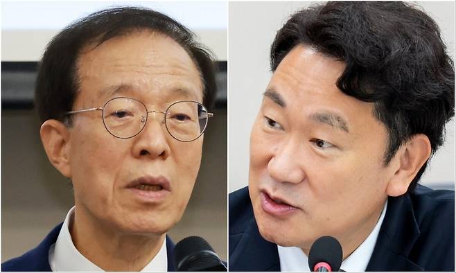 7월21일 부산 동구 부산항국제전시컨벤션센터에서 국민통합위원회가 개최한 2026 세대분야 현장형 국민대화 경상권 토론회에서 이석연 당시 위원장이 개회사를 하고 있다. 오른쪽은 8월26일 국회 성평등가족위원회 전체회의에 참석한 곽상언 더불어민주당 의원. 연합뉴스, 곽 의원 페이스북 갈무리