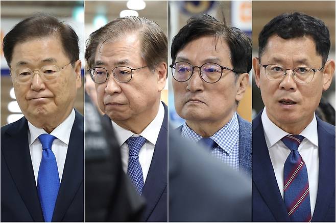 법정 향하는 정의용-서훈-노영민-김연철 (서울=연합뉴스) 김주형 기자 = '탈북어민 강제 북송' 혐의로 재판에 넘겨진 정의용 전 국가안보실장(사진 왼쪽부터), 서훈 전 국가정보원장, 노영민 전 대통령 비서실장, 김연철 전 통일부 장관이 21일 오후 서울 서초구 서울고법에서 열린 2심 선고 공판에 각각 출석하고 있다. 2026.10.21 kjhpress@yna.co.kr