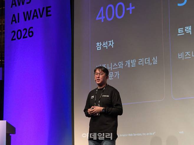 김기완 아마존웹서비스(AWS) 한국 AI 사업 총괄은 23일 서울 강남구 파르나스호텔에서 열린 'AWS AI 웨이브' 기조연설에서 발표하고 있다(사진=윤정훈 기자)