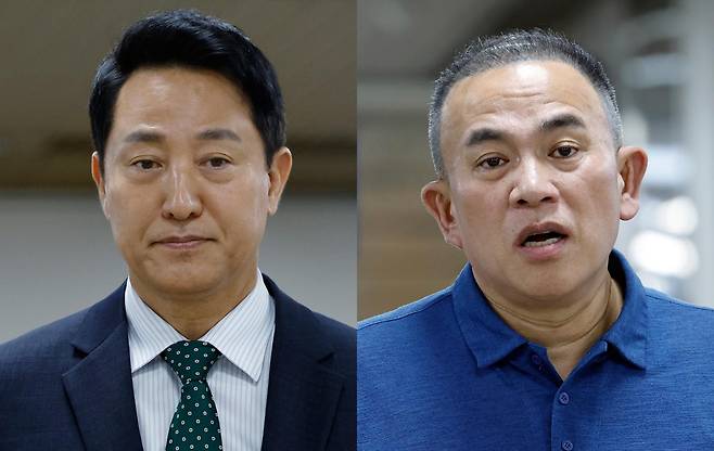 오세훈(왼쪽 사진) 서울시장과 보석으로 풀려난 명태균씨가 8월 28일 서울고법에서 열린 오 시장의 정치자금법위반 혐의 항소심 공판에 출석하고 있다. 뉴스1