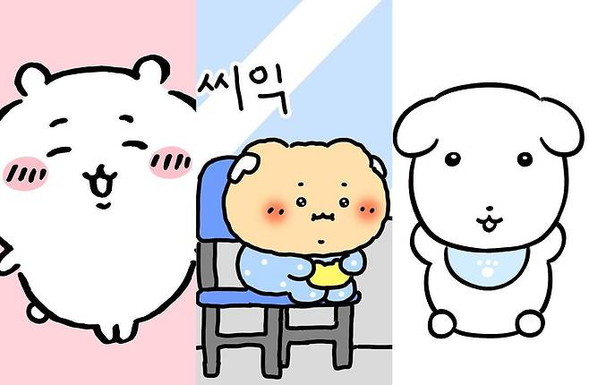 동그란 얼굴에 짧은 팔다리를 가진 일본 캐릭터 ‘치이카와’(왼쪽 사진), 삐뚤빼뚤한 그림체와 어딘가 어설픈 표정이 특징인 ‘망그러진 곰’(가운데 사진), 축 늘어진 귀와 순진한 표정이 매력인 강아지 캐릭터 ‘가나디’. 귀여운 외모와 달리 실패와 좌절, 외로움 등 현실적인 감정을 드러내며 젊은 층의 공감을 얻고 있다. 아래 사진은 각 캐릭터를 활용한 굿즈와 대형 인형. 사진 출처 각 캐릭터 인스타그램