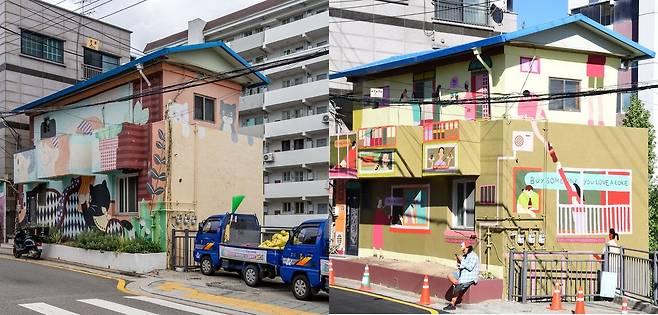 코카콜라가 프랑스 출신 아티스트 레옹 모카와 협업해 새롭게 단장한 서울 용산구 해방촌 신흥로 일대 건물 외벽. 사진은 벽화 (왼쪽)새 단장 전과 후 모습.ⓒ코카콜라