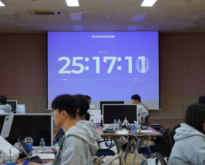지난 21일 경기 안성 인재개발원에서 ‘AI로 SKB를 바꾸다’를 주제로 열린 SK브로드밴드의 사내 AI 경진대회 ‘F5 해커톤’ 본선 첫째 날 현장에 제출 마감 시간을 알리는 타이머가 떠 있다. SK브로드밴드 제공.