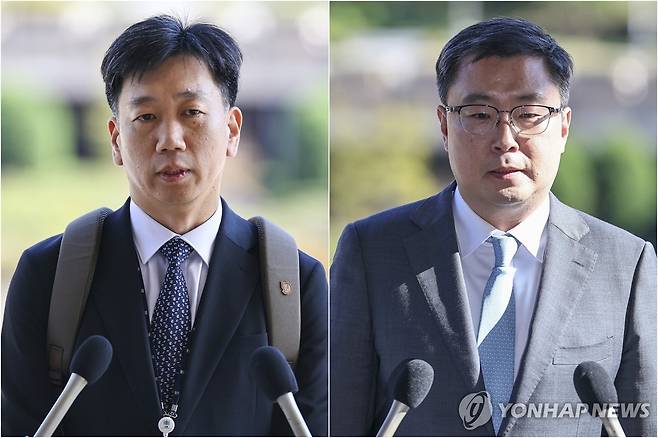 김현우·서현욱 부장검사, 징계위 출석 (과천=연합뉴스) 윤동진 기자 = 김현우 창원지방공소청 부장검사(왼쪽)와 서현욱 부산광역공소청 창원지부 부장검사가 21일 정부과천청사 법무부에서 열린 징계위원회에 참석하며 취재진 질문에 답하고 있다. 2026.10.21 [촬영 윤동진] mon@yna.co.kr
