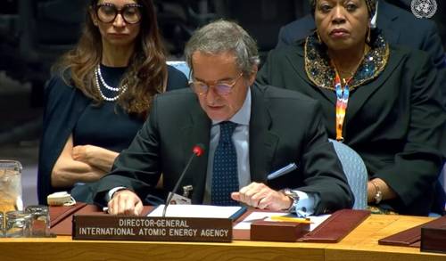 27일(현지시간) 유엔 안전보장이사회 회의에서 보고하는 라파엘 그로시 IAEA 사무총 [연합뉴스 제공]