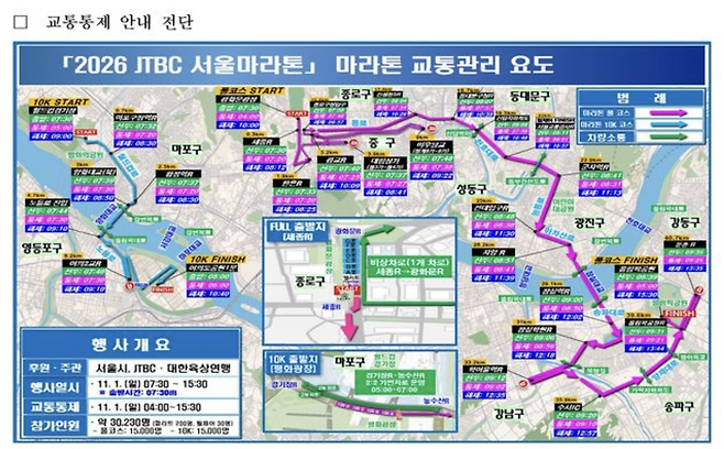 11월 1일 서울 도심에서 열리는 '2026 JTBC 서울마라톤'의 교통관리 요도. 서울경찰청 제공