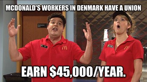 덴마크 비정규직의 고임금을 풍자한 이미지. 덴마크에서는 맥도날드에서 아르바이트를 해도 노동조합을 설립할 수 있고 1년에 4만5000달러를 벌 수 있다는 얘기를 듣고 놀라는 모습<출처=인터넷 커뮤니티>