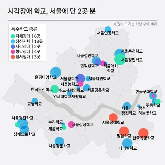 특수학교는 장애 유형별로 5종류로 나눠진다. 특정 장애를 가진 경우 통학거리가 멀더라도 특성화된 특수학교를 다닐 수 밖에 없다.