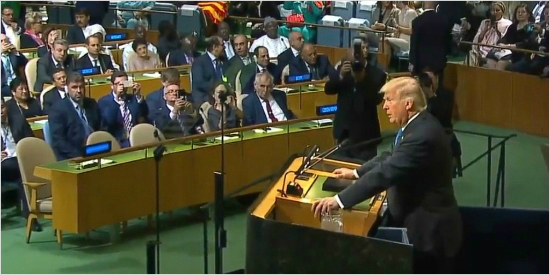 도널드 트럼프 미국 대통령이 19일(현지시간) 유엔 총회에서 기조연설을 하고 있다. (백악관 영상 캡쳐)
