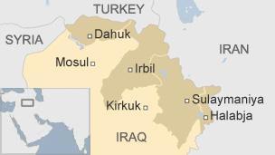쿠르드 자치정부 지도. 짙게 표시된 부분이 쿠르드 자치정부의 자치 지역이다. [BBC 캡처]