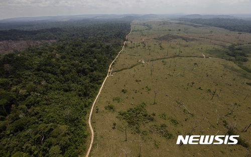 【리우데자네이루 = AP/뉴시스】 = 브라질 정부는 26일(현지시간) 아마존 열대우림 지역 내 '국립 구리·광물 보존지역(Renca)'을 광산으로 개발하려던 계획을 철회하는 내용의 포고령을 발표했다. 앞서 지난 8월 미셰우 테메르 브라질 대통령은 4만6100㎢ 넓이의 Renca를 해제하고 광산으로 개발한다는 포고령을 발표했다. 스위스 국토 넓이의 아마존 우림을 파괴하는 개발 계획이었다. 사진은 브라질 북부 파라주에 있는 아마존 우림지대가 기후 변화로 일부 황폐화 되어가는 모습. 2017.09.27.