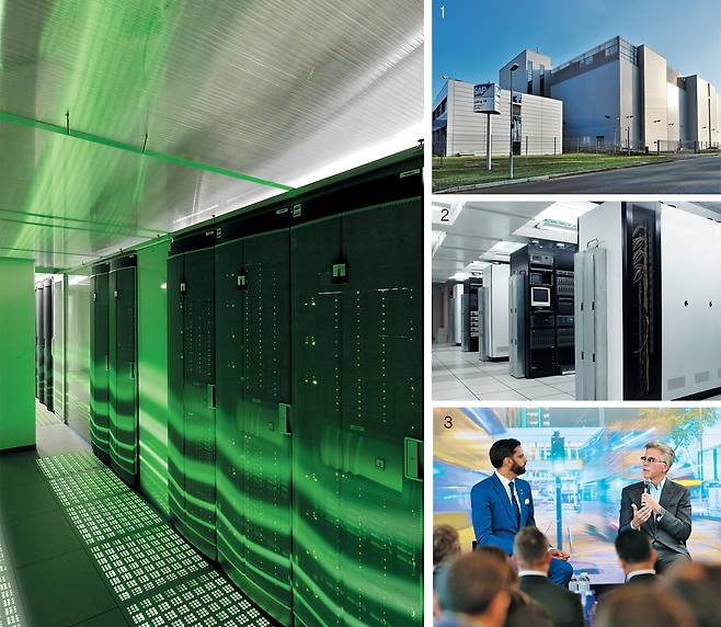 1.독일 세인트 레온로트에 있는 SAP의 기업용 데이터센터 전경. 2.프랑스 파리에 있는 ‘SAP 레오나르도센터’ 내부 모습. 전 세계 제조업 공정을 실시간으로 모니터링하고 분석한다. 3.SAP 빌 맥더멋(오른쪽) CEO가 데이터베이스 글로벌 총괄을 맡고 있는 이르판 칸 부사장과 함께 SAP의 빅데이터 분석 프로그램인 빅데이터 허브를 소개하고 있다./SAP 제공