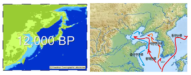 (왼쪽)1만2000년 동아시아 지형. © 사진=출처: Proudman Ocenanographic Laboratories (오른쪽)동아시아 지형 및 한반도 인근 해류 지도. © 사진=출처: 해양조사원, 재구성: 이진아