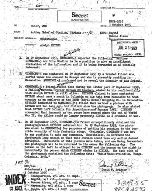 최근 기밀해제된 미국 CIA 정보원 문서에 히틀러가 1955년까지 콜럼비아에서 생존해있었다는 증언이 담겼다. [사진 미국 CIA 기밀문서 자료(https://goo.gl/iPvHX6)]