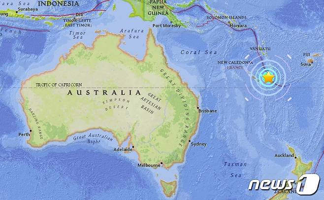 남태평양 뉴칼레도니아에서 규모 7.0 강진이 발생했다. (사진=USGS)© News1