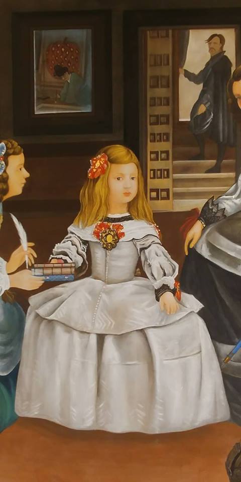 정해진 작가의 신작 <작업실의 손님들>. 17세기 스페인 거장 벨라스케스의 유명한 대작 <시녀들>을 전통 석채화로 재현한 작품이다.