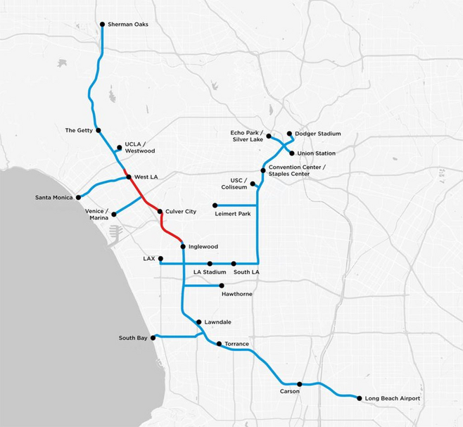 머스크의 보링컴퍼니가 발표한 LA 터널네트워크. 빨간 선이 현재 굴착 예정 터널이며 대중교통용으로 허가가 될 경우 파란색 경로로 확장될 수 있다.