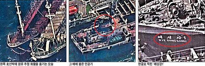 미 재무부가 지난달 21일 북한 선박 20척을 독자 제재 대상에 올리며 공개한 증거 사진. 지난 10월 19일에 촬영된 이 사진들에는 공해상의 북한 선박(왼쪽)이 제3국 선박으로부터 원유로 추정되는 화물을 옮겨 싣는 모습이 담겼다. 다른 각도에서 촬영된 사진에는 인공기(붉은 원)와 한글·영문으로 적힌 ‘례성강1’이란 글귀가 보인다. /미 재무부