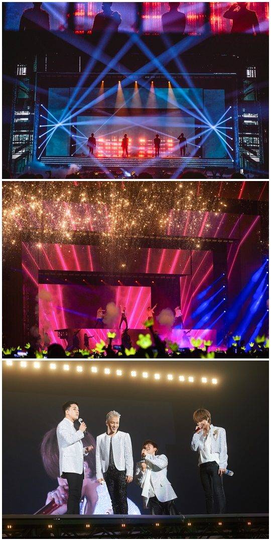 빅뱅의 지드래곤, 태양, 승리, 대성이 “BIGBANG 2017 CONCERT ‘LAST DANCE’ IN SEOUL(빅뱅 2017 콘서트 ‘라스트 댄스’ 인 서울)”에서 노래하고 있다. / 사진제공=YG엔터테인먼트