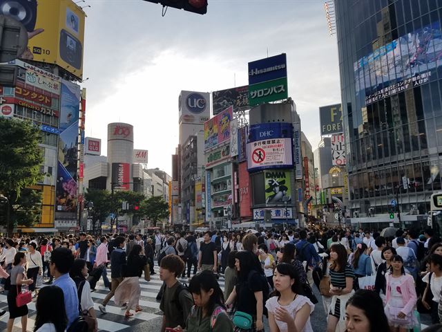 일본 도쿄 중심가인 시부야 교차로 모습. 이 거리에선 연예기획사들의 길거리캐스팅이 흔히 일어난다. 이중 성인물 촬영 의도를 숨긴 채 접근하는 악덕업자들도 많다. 도쿄=박석원 특파원