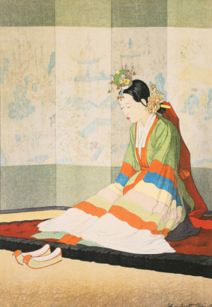 일제강점기에 한국인의 모습을 목판화로 그린 영국 여성화가 엘리자베스 키스의 ‘시집가는 날’.  국립민속박물관