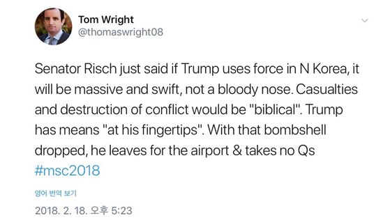 제임스 리시 상원의원이 ’미국이 북한에 무력을 쓴다면 대규모(biblical)일 것“이라고 말했다고 소개한 톰 라이트 브루킹스연구소 선임연구원의 트 위터. [사진 트위터]