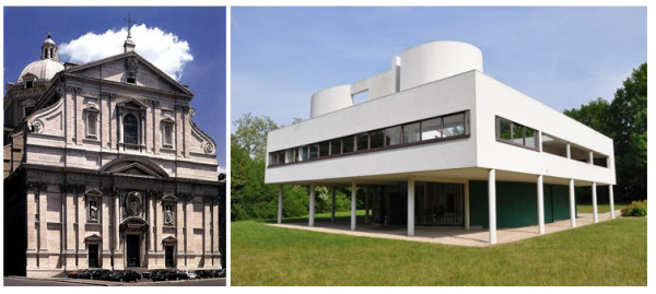 바로크 양식으로 지어진 일제수성당(왼쪽)과 모더니즘 양식 건축물인 빌라사보아.  /HG-Architecture