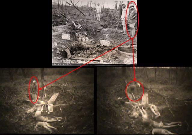 서울시가 3.1절 99주년을 기념해 27일 개최한 한·중·일 ‘일본군 위안부 국제콘퍼런스’에서 일본군이 조선인 ‘위안부’를 학살했음을 보여주는 영상을 27일 공개했다. 사진은 1944년 9월15일 미국 사진병 프랭크 맨워렌이 중국 윈난성 텅충에서 촬영한 조선인 위안부가 학살된 모습(위)과 영상 속 중국 병사(붉은 원)가 시신의 양말을 벗기는 모습. 사진에 등장하는 중국병사와 동일하다. 서울시·서울대 인권센터 제공