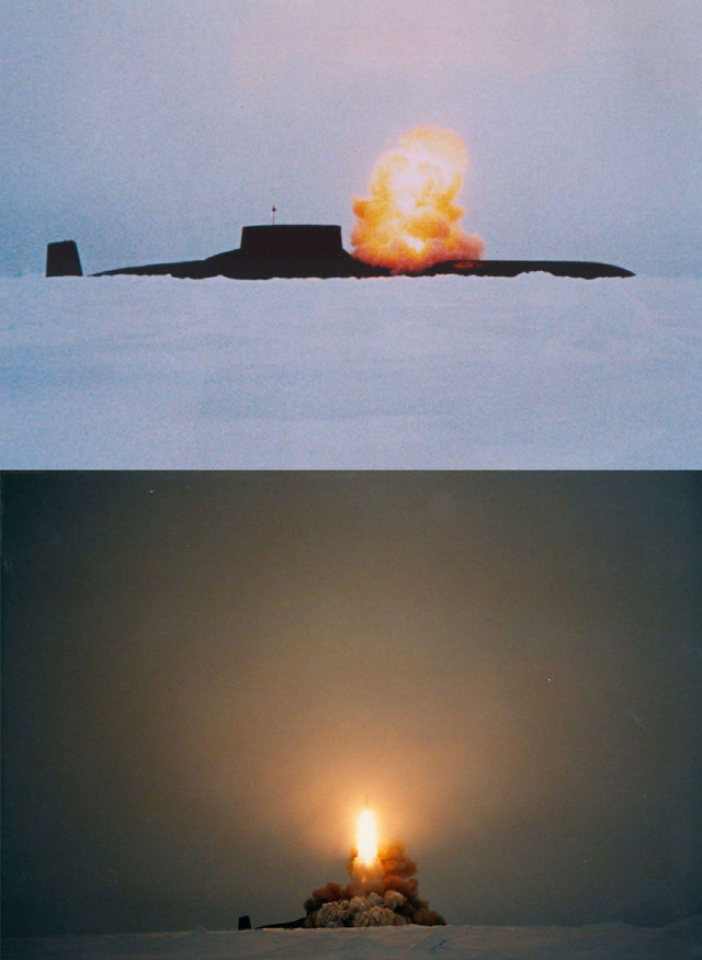 러시아 해군의 타‘ 이푼’급 전략 원자력 잠수함의 SLBM 발사 모습. 원자력의 도입으로 잠수함은 진정한 수중함(水中艦)이자, 전략 병기로 거듭났다.