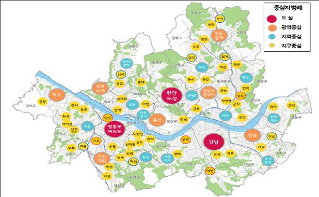 서울 생활권 계획 중심지 체계도. 서울시 제공.
