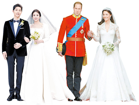 결혼식에서 은방울 꽃 부케를 든 배우 송혜교와 케이트 미들턴 영국 왕세손비. [사진 중앙포토]