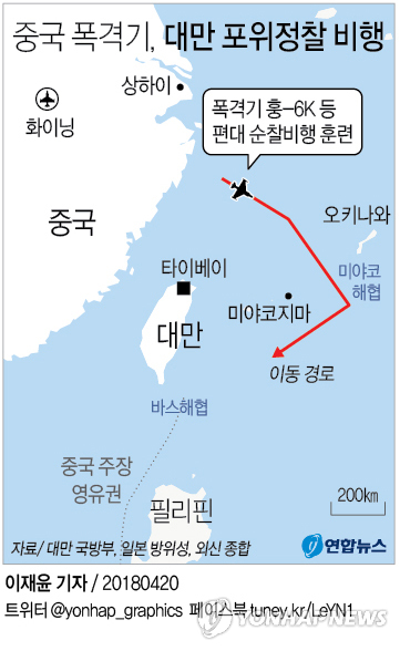 [그래픽] 중국 폭격기, 대만 포위정찰 비행