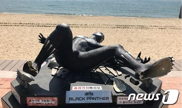 부산 광안리 해수욕장에 설치된 블랙팬서 조형물이 파손돼 뒤로 나자빠져 있다.(부산지방경찰청 제공)© News1