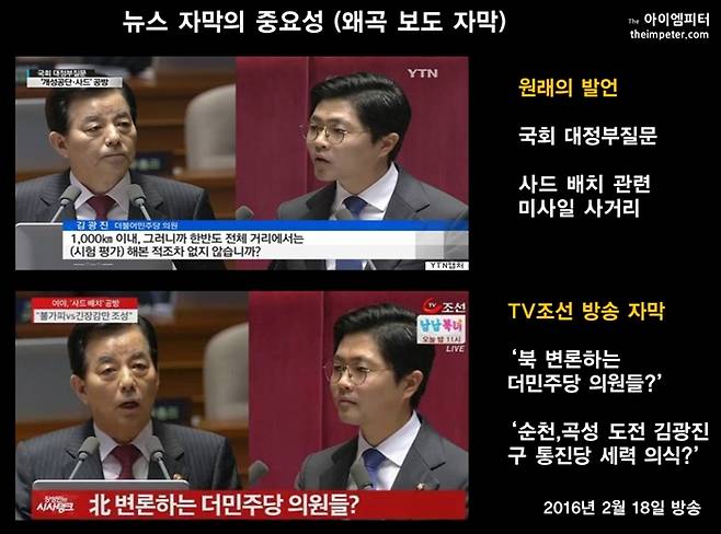 TV조선은 2016년 당시 김광진 의원의 대정부질문 화면을 보여주면서 엉뚱한 자막을 달아 보도했다. ⓒ임병도