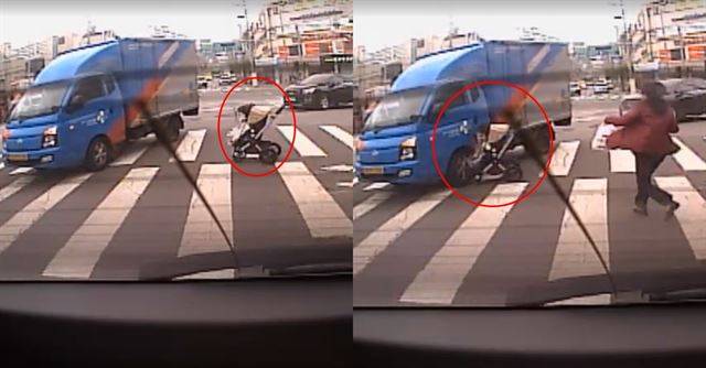 도로로 굴러 온 유모차를 택배 차량이 막아 구했다. 유튜브 보배드림 캡처