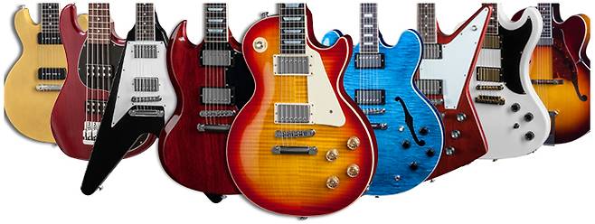 일렉트릭 기타의 대표 브랜드인 깁슨의 주요 제품들.  사진 중앙에 놓인 레스폴 기타를 비롯한 일련의 깁슨 제품들은 기타리스트들에겐 선망의 대상이었다. ⓒGibson