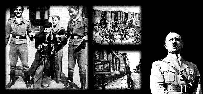 아돌프 히틀러가 저지른 유대인 대학살(홀로코스트)은 나치 독일이 점령한 소련 서쪽 지역들에서도 광범위하고 빠른 속도로 이뤄졌다. 1942년 우크라이나 크레메네츠에서 촬영된 사진에서 독일인 청년들이 유대인 노인을 길거리에 끌고 와 모욕을 주고 있다(왼쪽). 폴란드 중부 우지의 게토에서 온 유대인들이 헤움노 수용소로 이송되기 위해 열차에 오르고 있다(가운데 위). 라트비아 리가의 게토에 독일어와 라트비아어로 철조망을 넘거나 게토의 유대인들과 접촉하는 사람들을 총살한다는 경고문이 붙어 있다. 미국 홀로코스트 추모박물관 홈페이지
