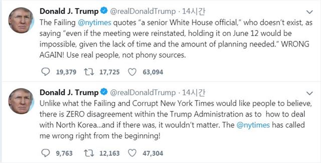 그림1 도널드 트럼프 미국 대통령은 26일 트위터에서 “트럼프 행정부 내 북한을 어떻게 다룰지에 대한 의견 차이는 제로(0)”라며 “뉴욕타임스는 존재하지도 않는 백악관 관계자를 인용해 ‘6월12일 북미 회담 개최가 불가능하다’고 했는데 또 틀렸다”고 밝혔다. 트위터 캡처